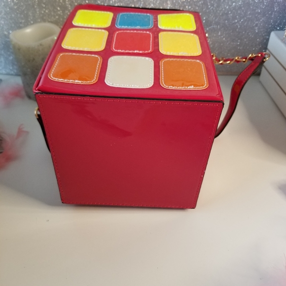 Retro Glossy Red Multicolor Square Rubiks Cube Shape Purse Chain Handbag NEW - Picture 13 of 16